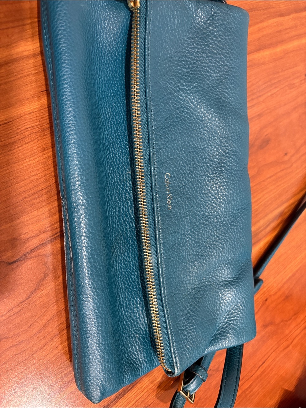 Calvin Klein Cerulean Blue-Green Pebble Leather Shoulder Bag with Gold Zip
